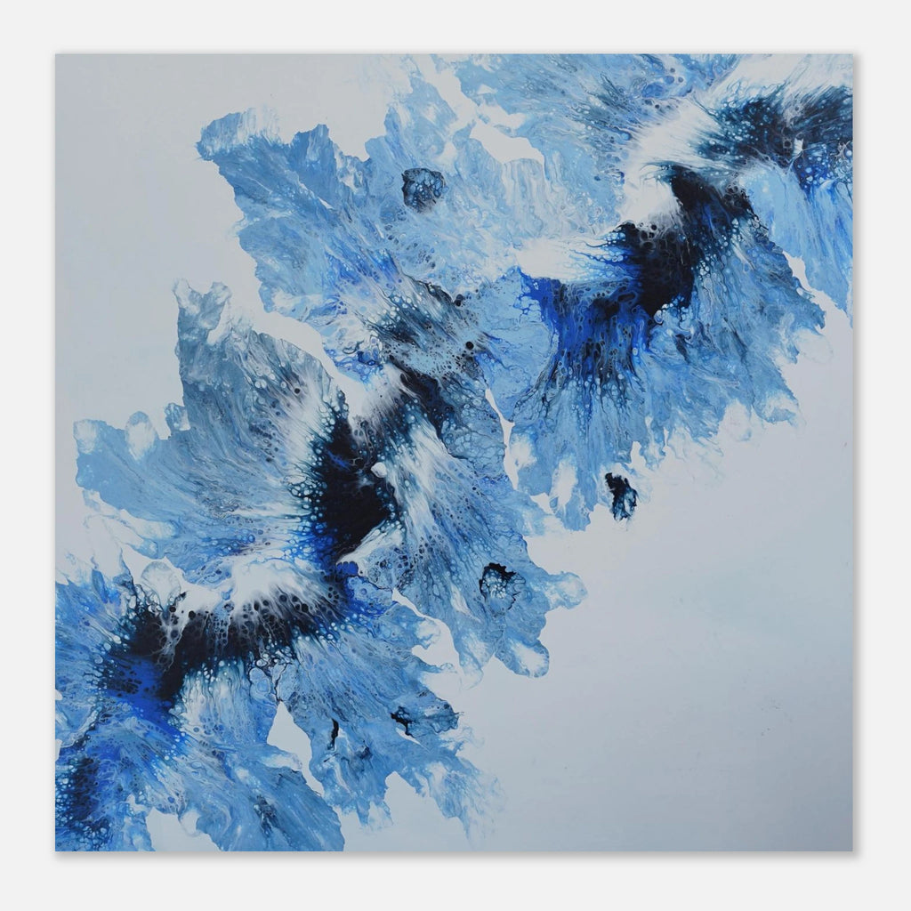Abstract blue and black painting on a white canvas 