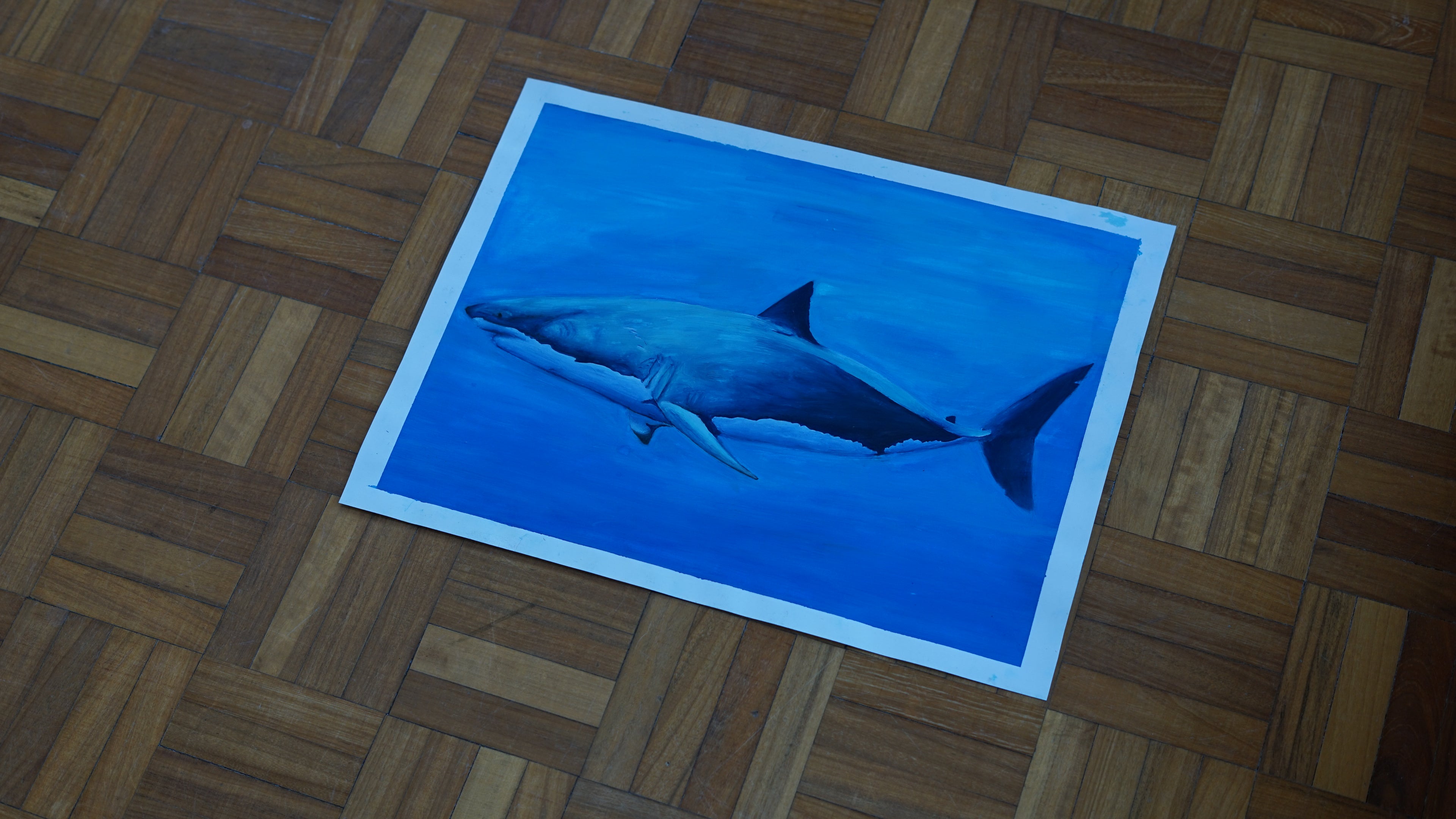 Art Poster of a white shark on a wooden floor