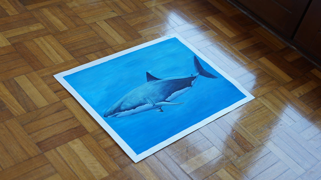 Art Poster of a white shark on a wooden floor 