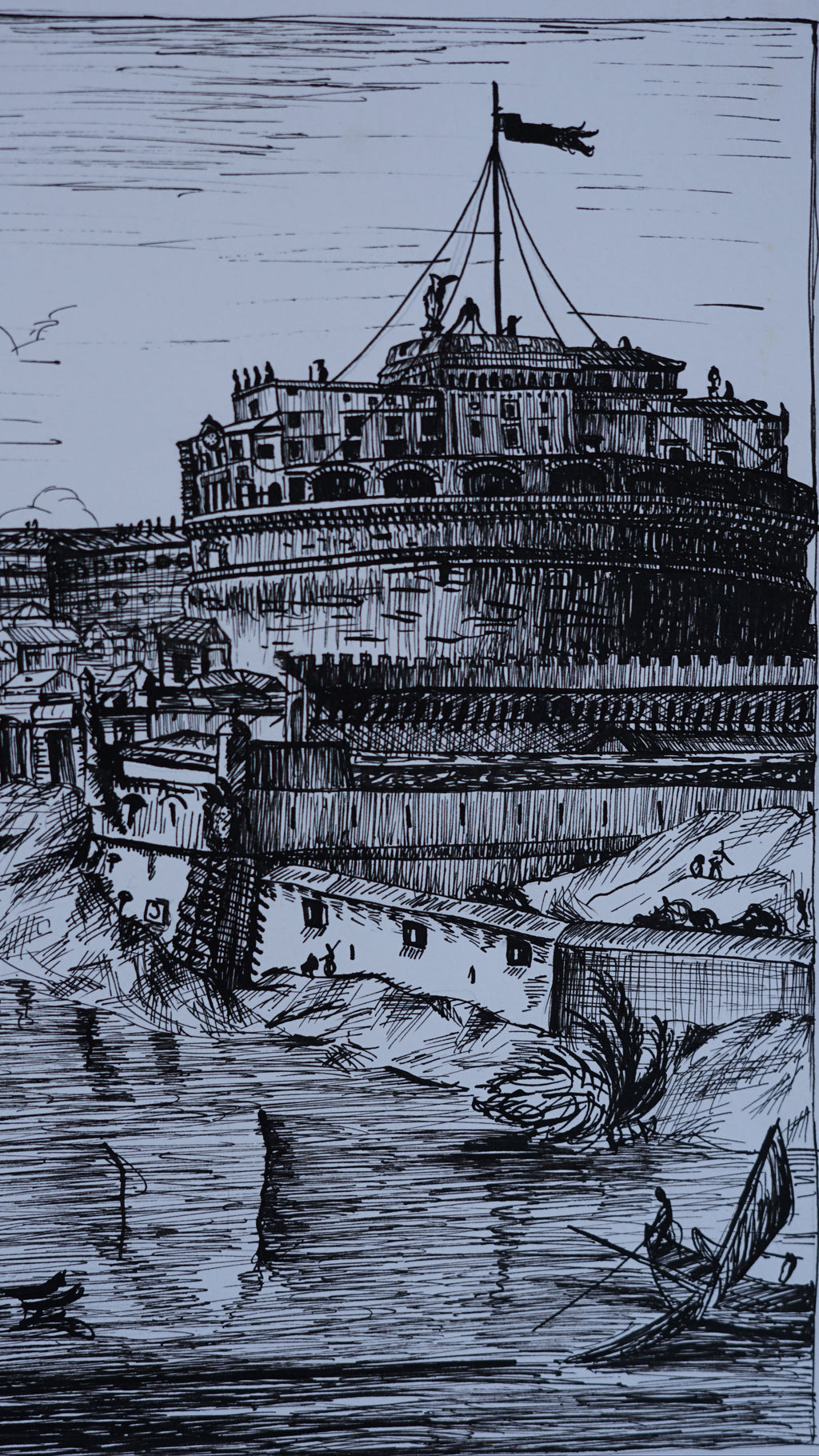 Black and white illustration of a Castel Sant'Angelo, Rome with a person on a rope, set against a plain background.