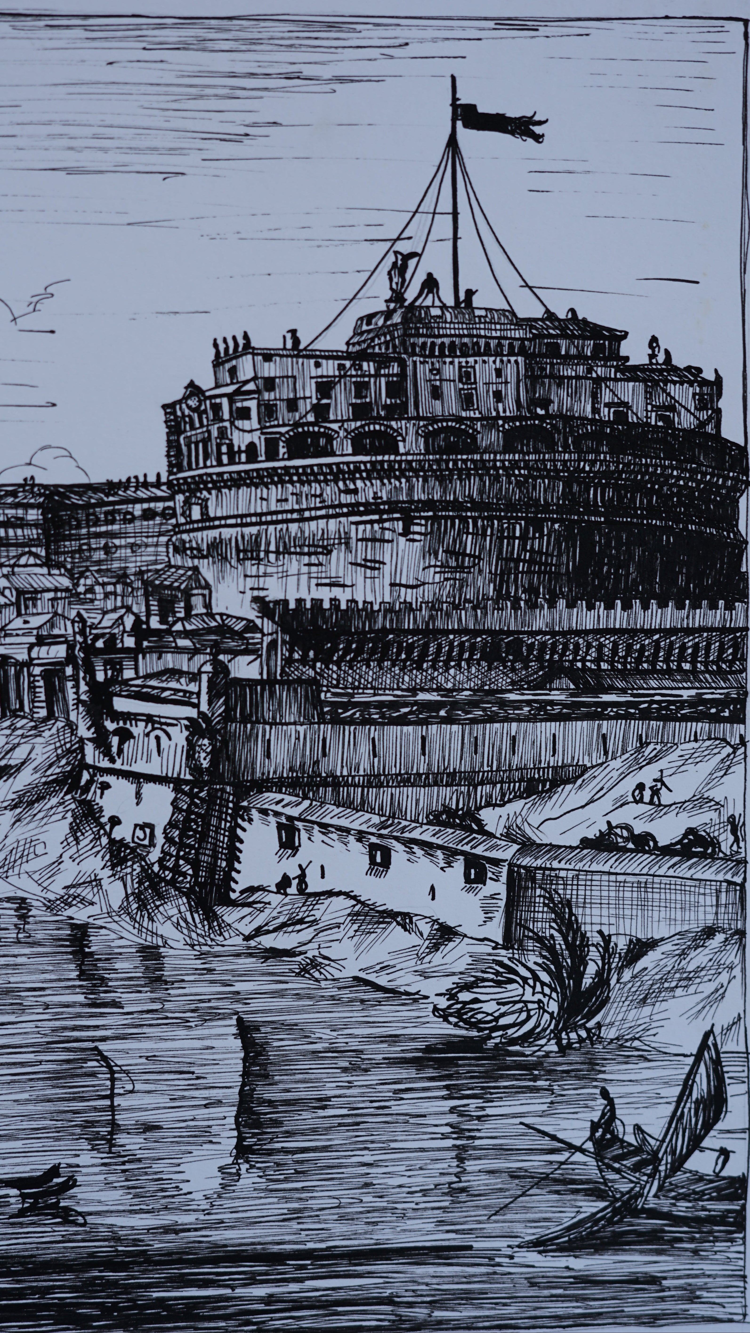 Black and white illustration of a Castel Sant'Angelo, Rome with a person on a rope, set against a plain background.