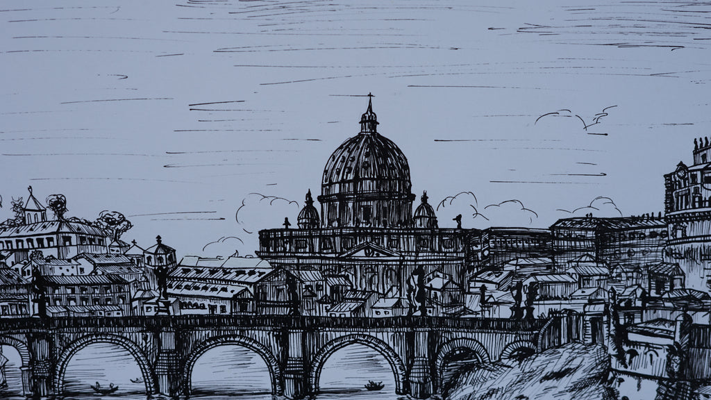 Black and white line drawing of a cityscape of Rome, Italy, with a prominent dome and bridge.