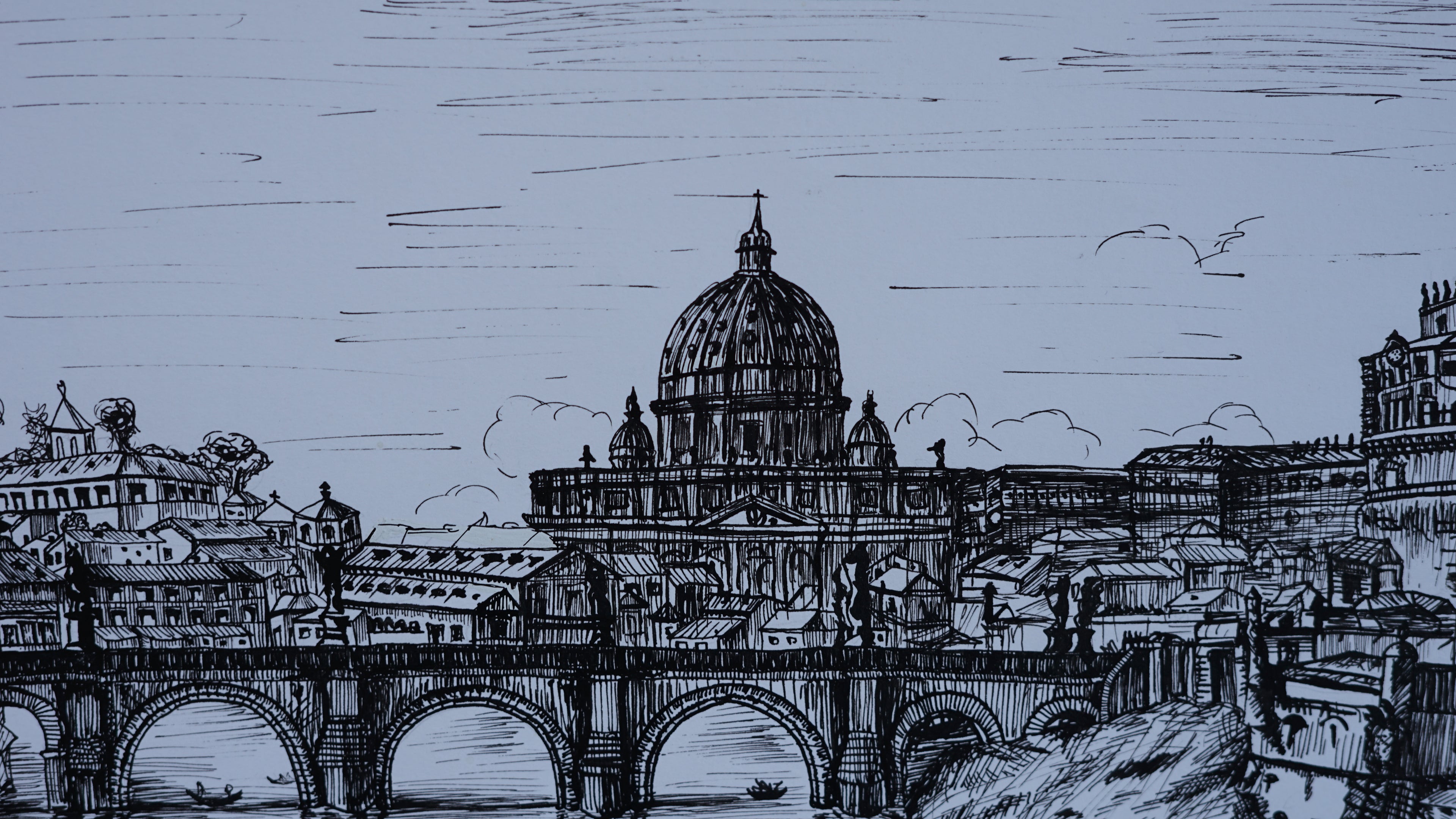 Black and white line drawing of a cityscape of Rome, Italy, with a prominent dome and bridge.