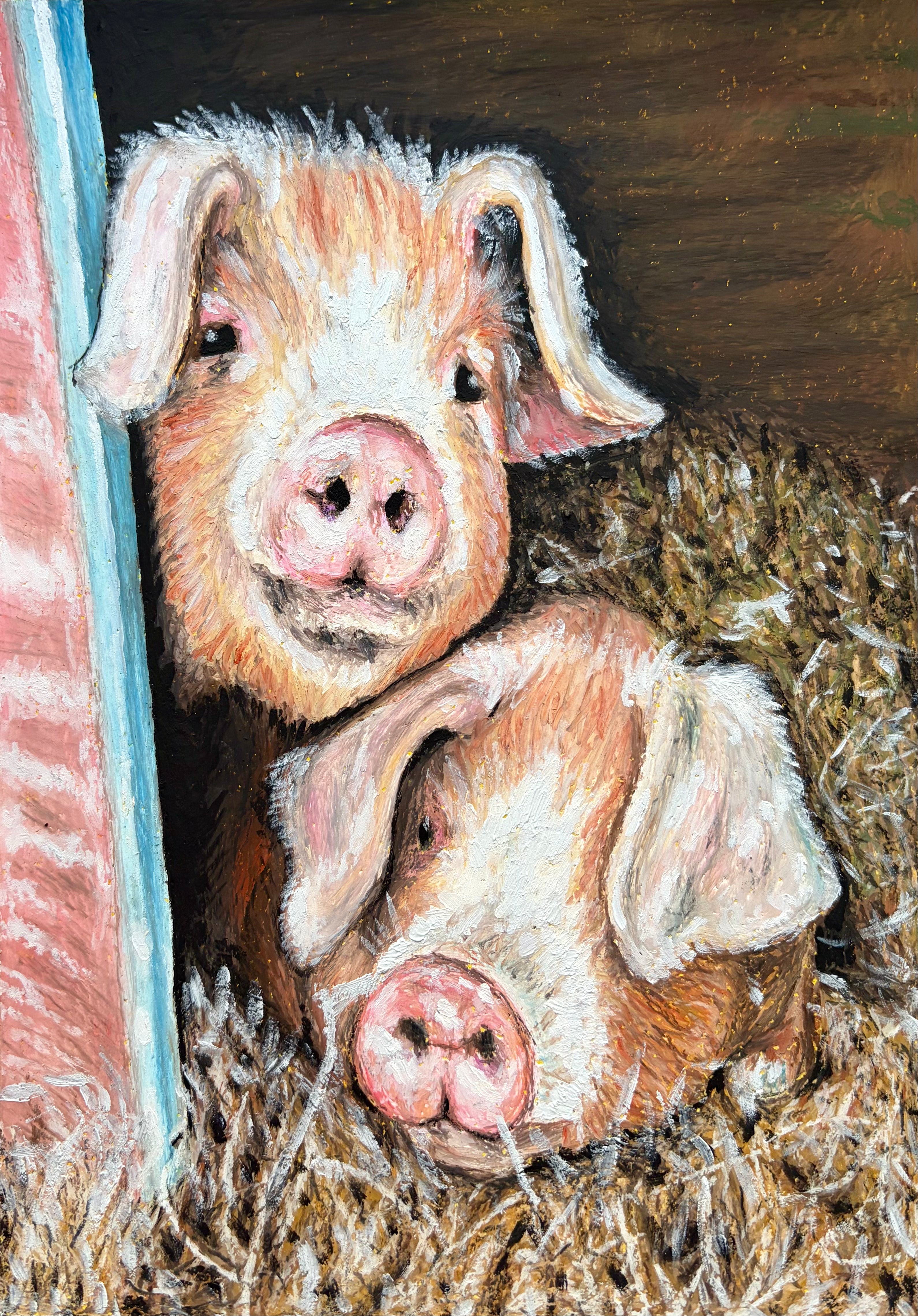 "Pino and Gino the Pigs" - Original oil pastels on paper 17x24cm