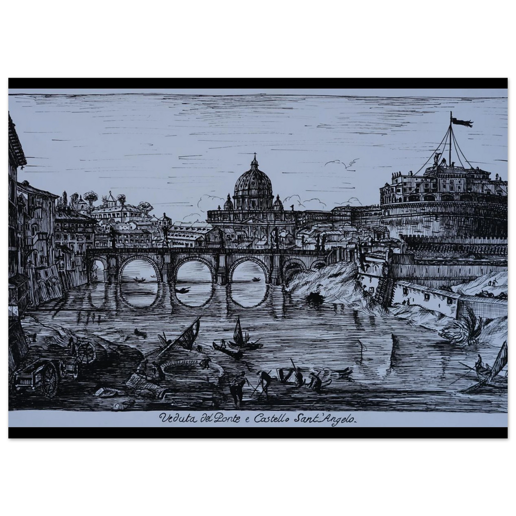 Black and white illustration of the Rome San Pietro church and Castel Sant'Angelo and cityscape with a bridge over the river water