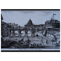 Black and white illustration of the Rome San Pietro church and Castel Sant'Angelo and cityscape with a bridge over the river water