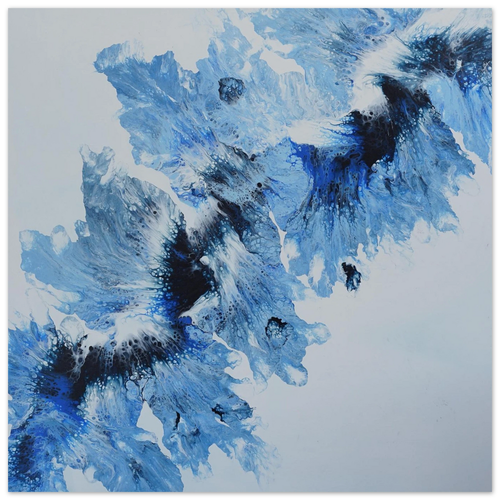 Abstract blue and black painting on a white canvas 